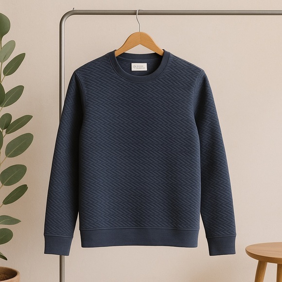 Navy Blue Textured Crewneck Sweater with Ribbed Details - Picture 1 of 7